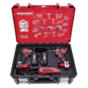 Akumuliatorinio suktuvo-gręžtuvo ir smūginio suktuvo WORCRAFT rinkinys 20V LI-ION (XCUBE dėžė)