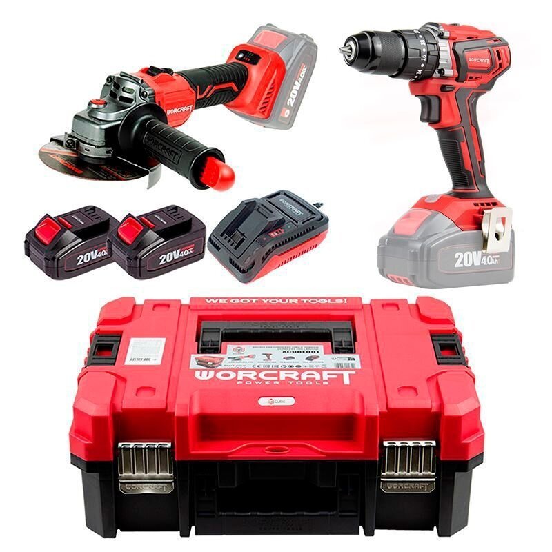 Akumuliatorinio suktuvo-gręžtuvo ir kampinio šlifuoklio WORCRAFT rinkinys 20V LI-ION (XCUBE dėžė)